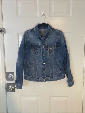torrid Dark Indigo Denim Jacket with Black Label and Red Stitching